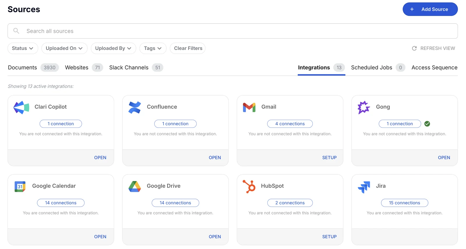 The Sources screen in Tribble, with connected tools such as Confluence, Google Drive and Jira